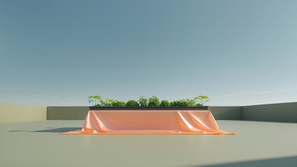 A minimalistic outdoor scene featuring a vibrant orange cloth draped over a rectangular planter, with lush green plants, under a clear blue sky