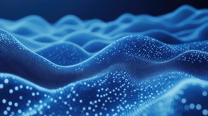 Abstract blue background showing a flowing wave surface composed of interconnected glowing particles, representing data streams, digital information, and networking concepts