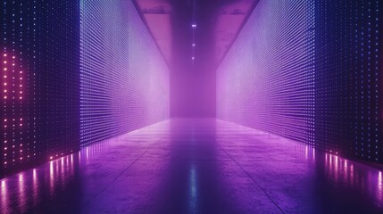 Illuminated tunnel creating an immersive, abstract, and vibrant experience with digital led light walls and reflective floor, symbolizing technology and a futuristic pathway