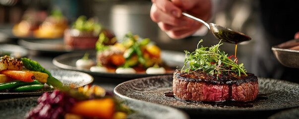 A chef is preparing a plate of food with a steak and vegetables