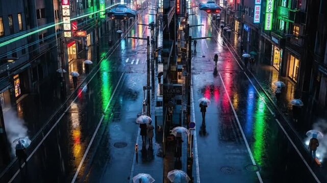 Cyberpunk City Street at Night with Umbrellas and Neon Reflections rain . Seamless looping animation video background
