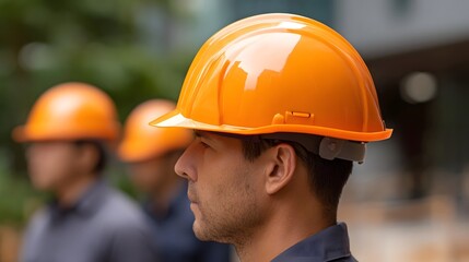 Professional man in bright orange safety helmet with coworkers blurred in background