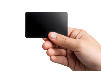 Hand holding a blank black credit card against white background