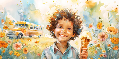 Young boy with curly hair enjoying ice cream in a vibrant flower field with a vintage bus nearby