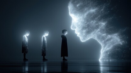 Digital figures stand in front of a glowing, large head shape created from light in a dark space