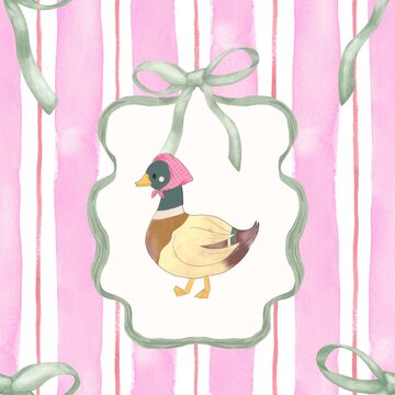 Watercolor cute hand drawn animal baby animal. character duck baby shower, easter, cottage core ribbon bow