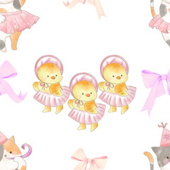 Fototapeta premium Watercolor cute hand drawn animal baby little chicken baby shower, easter, happy birthday party illustration repeat on white