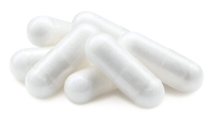 White tablets isolated on transparent background. Medical capsule with PNG