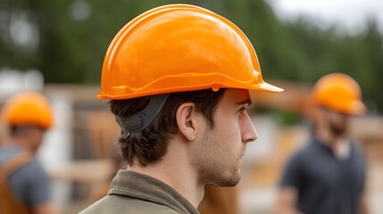 A focused construction worker in a bright orange hard hat looks forward on a busy building site
