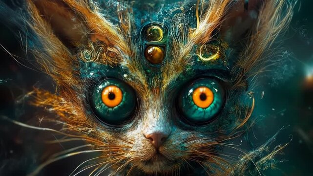 Creature with human eyes and animal features in a mystical forest during twilight
