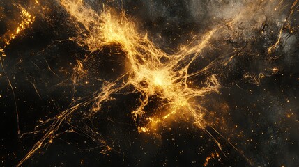 Glowing golden filaments and sparkling particles weave an intricate web against a dark textured background, evoking energy, data flow, connections and futuristic networks