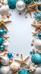 Naklejka premium An arrangement of seashells, starfish, ornaments, and pearls against a white backdrop frames a central empty space