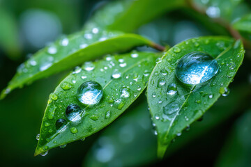 Fototapeta premium Closeup of Water Droplets on Vibrant Green Leaves