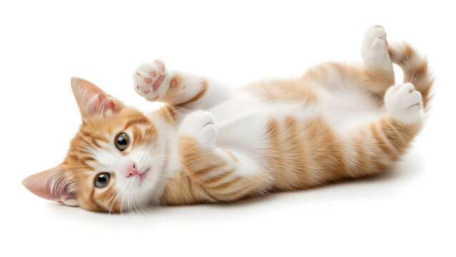 Playful orange tabby kitten lying on white background