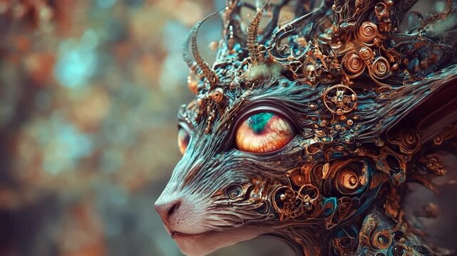 Creature with human eyes and animal features in a mystical forest during twilight