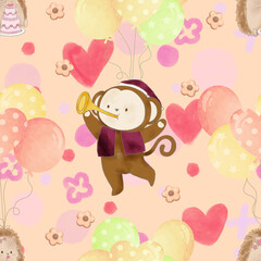 A cute animal birthday party with a dessert. Celebrating the birthday.Seamless pattern watercolor decoration hand-drawn