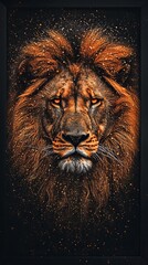 Majestic portrait of a powerful lion with glowing orange eyes. Vertical artistic illustration of a wild animal king on a dark background with fantasy particle effects