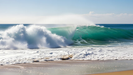 Powerful ocean wave crashing on sandy beach under clear sky
