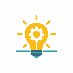 Innovation Concept: Lit light bulb with gear icon for creative solution on white.  Bright, positive energy and power of technology.