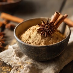 Bowl of Ground Cinnamon With Star Anise and Cinnamon Sticks On Rustic Wooden Table