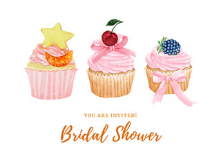 Bridal shower card template pattern dessert bakery celebrating Holiday Birthday party invitation template watercolor illustration