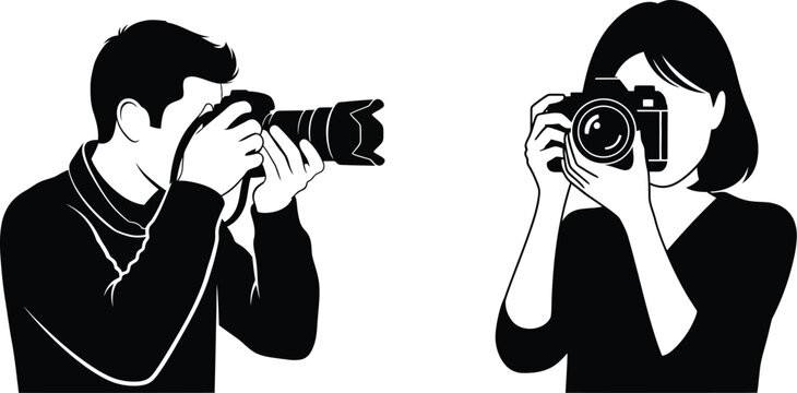 Couple taking pictures of each other with dslr cameras black and white