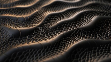 Close-up of a black luxury reptile skin texture. Wavy embossed leather pattern with golden highlights. Abstract dark material background