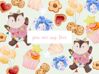 Birthday Card template pattern with Cute Animals woodland dessert Holiday party invitation template with cartoon