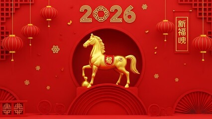 Golden horse statue with chinese new year decorations and lanterns in 2026 celebration