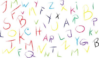 Colorful handwritten alphabet letters scattered on white background © Jubayer