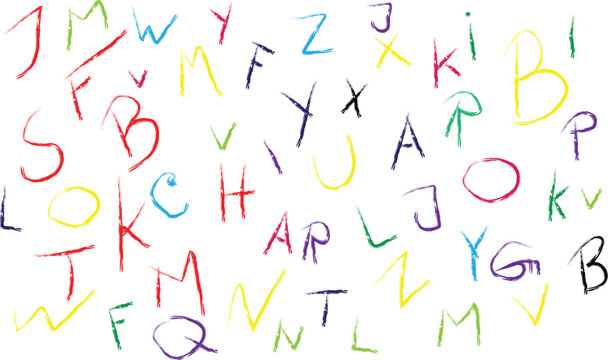 Colorful handwritten alphabet letters scattered on white background