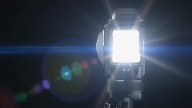 Bright L E D light emitting intense beams on dark background with colorful bokeh effects