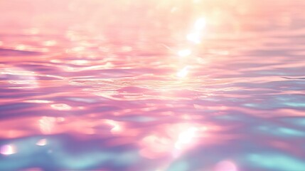 Calm water surface reflecting soft pink, purple, and blue hues, creating a tranquil and abstract background with shimmering sunlight and beautiful bokeh effects