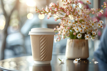 Coffee cup on table beside blooming flowers in a cozy cafe setting with warm sunlight