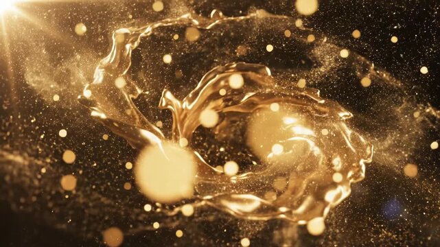 Abstract dynamic splash of liquid gold or honey with sparkling glitter particles and lens flare effect on black background