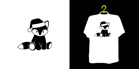 Black fox wearing santa hat on white background and t-shirt