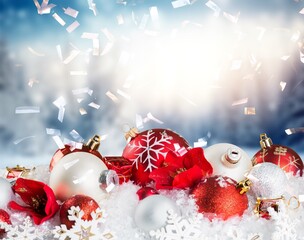 Christmas balls in setting of Winter holidays background.