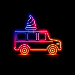 Neon illustration of an ice cream truck with a soft serve cone on top, glowing in vibrant colors
