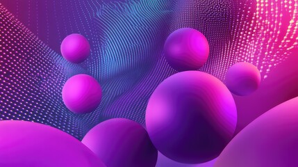 Abstract 3d spheres moving through a vibrant, futuristic digital space with flowing particle waves and glowing light dots, representing data flow, connection, and technology concept