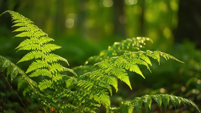 Lush green fern fronds vibrant in the soft, dappled sunlight filtering through a serene forest canopy, highlighting nature's intricate patterns and the peaceful ambiance of woodland undergrowth