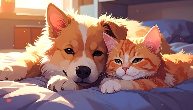 Animated pet duo on blue bedding. Warm orange dog and cat cuddle in sunlight, soft and fuzzy digital rendering