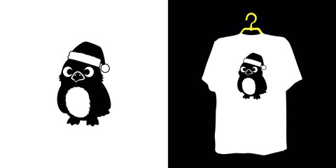 Black penguin wearing Santa hat on white background and t-shirt