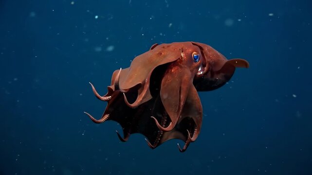 Vampire squid (vampyroteuthis infernalis) with deep red coloration and prominent blue eyes navigating the dark blue deep sea, showcasing its unique webbing and eight arms during movement