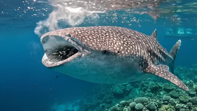 Whale shark showing its gaping mouth filled with small fish and plankton while actively filter feeding in clear blue ocean water above a coral reef, displaying marine life and underwater activity