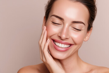 Close up Woman smiling while touching her flawless glowy skin with copy space for your advertisement, skincare