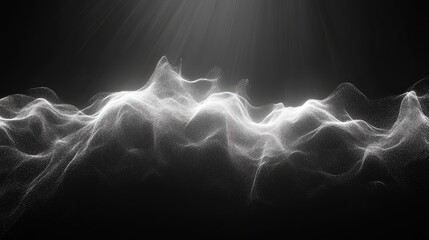 Digital particles creating an undulating abstract landscape with light rays illustrating data flow, technology, and futuristic concepts in a dynamic black and white composition