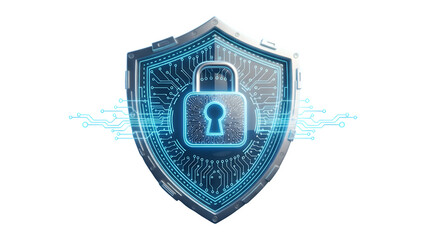 Cybersecurity shield with glowing padlock and digital circuit pattern isolated on transparent background