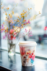 Colorful floral coffee cup with artistic design placed on a wooden table near a window