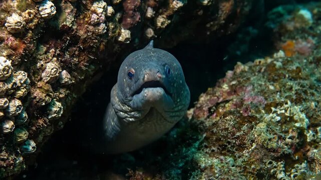 Moray eel head emerging from a dark rocky crevice, surrounded by barnacles and marine growth, patiently waiting for prey in its underwater environment