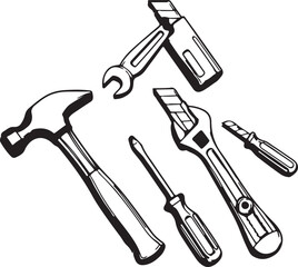 Line Art Drawing of Various Hand Tools for DIY and Home Improvement Projects, Including Hammer, Screwdriver, Wrench, and Utility Knives